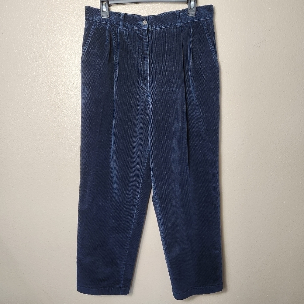 L.L. Bean Womens Petite Navy High Rise Pleated Corduroy Pants-Size 12P